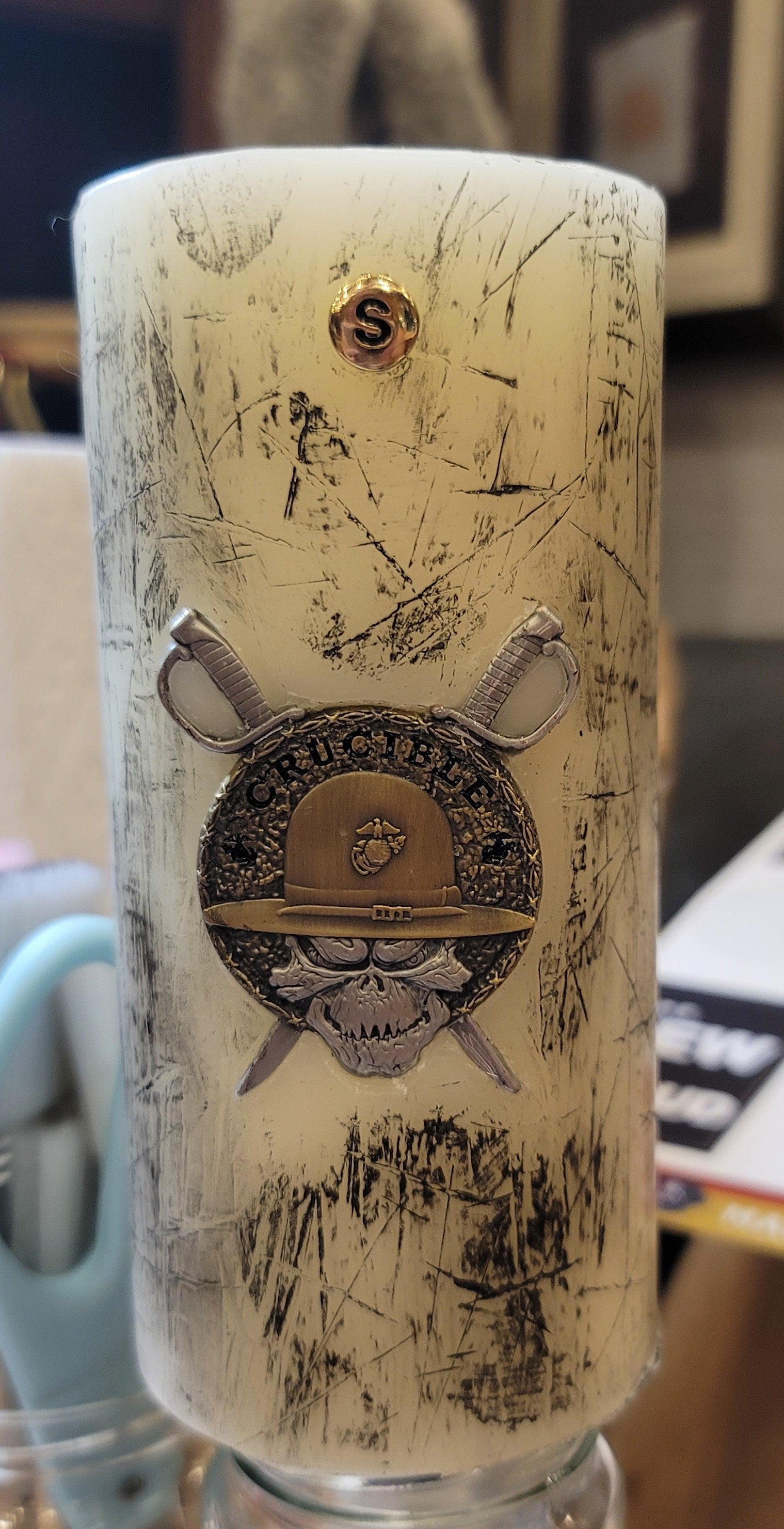 Real Flame Crucible Candle with Embedded Coins | USMC Bootcamp Keepsake